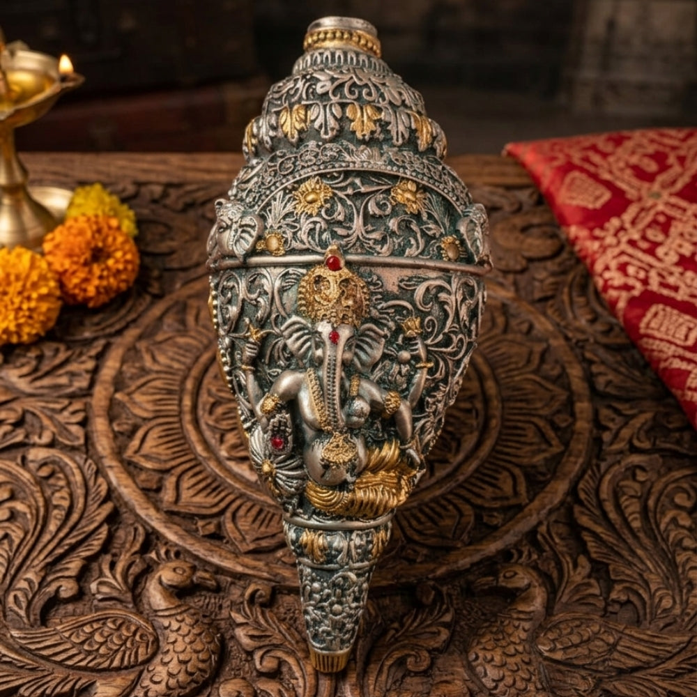 Premium Silver & Gold Plated Ganesh Shankh | Vastu Laxmi Conch Decor