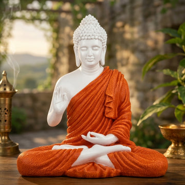 Vibrant White & Saffron Meditating Buddha Idol - 15 inch