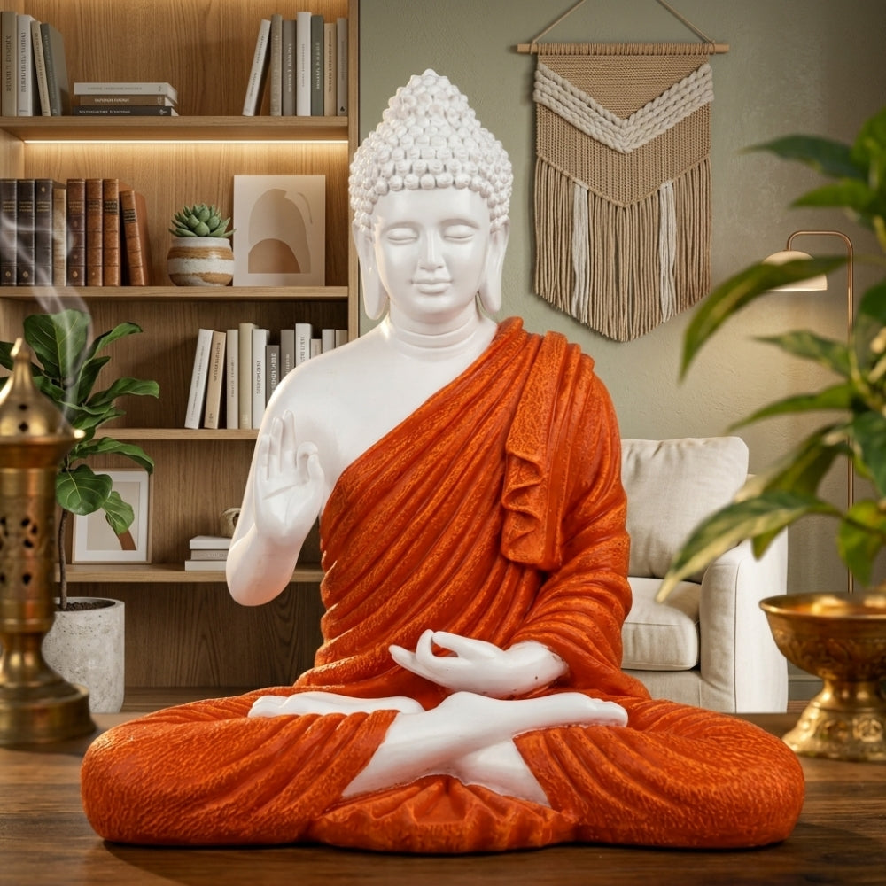 Vibrant White & Saffron Meditating Buddha Idol - 15 inch
