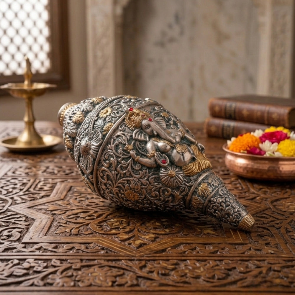 Silver Plated Ganesha Shankh Idol - Auspicious Gift for any occasion