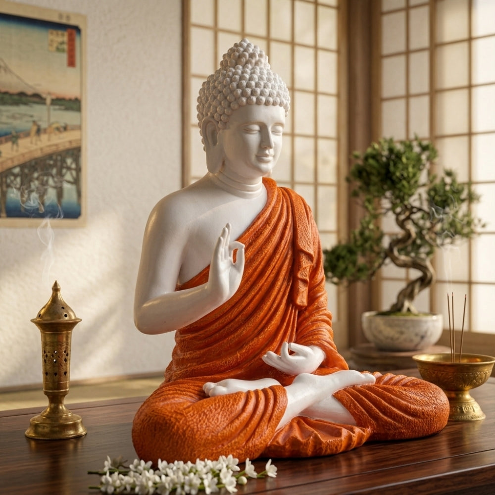 Vibrant White & Saffron Meditating Buddha Idol - 15 inch
