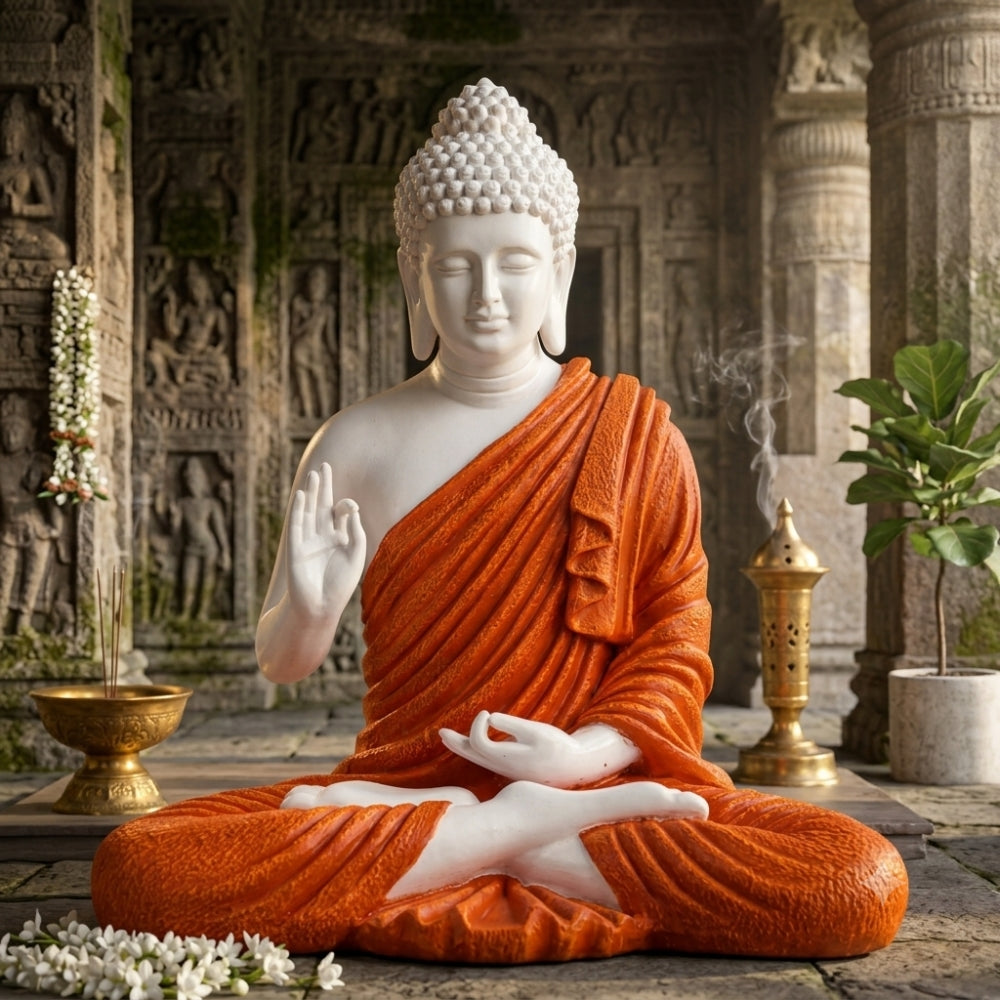 Vibrant White & Saffron Meditating Buddha Idol - 15 inch