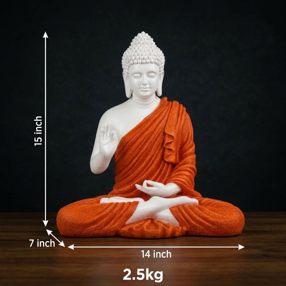 Vibrant White & Saffron Meditating Buddha Idol - 15 inch