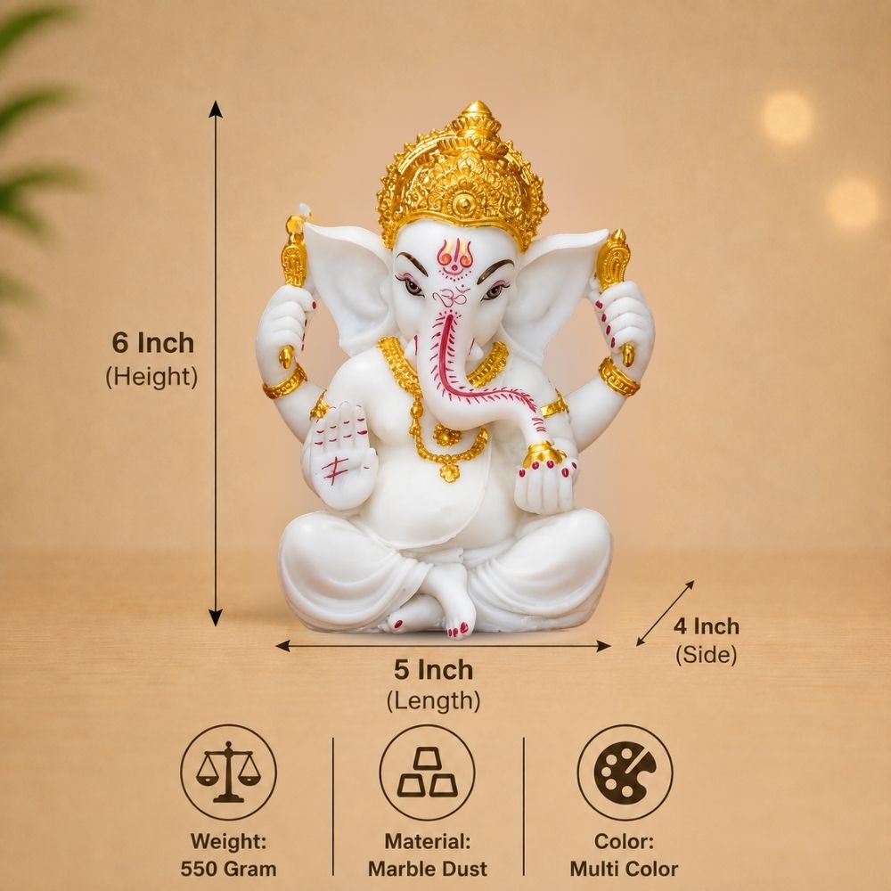 White Marble Finish Ganesha Idol with Gold Crown