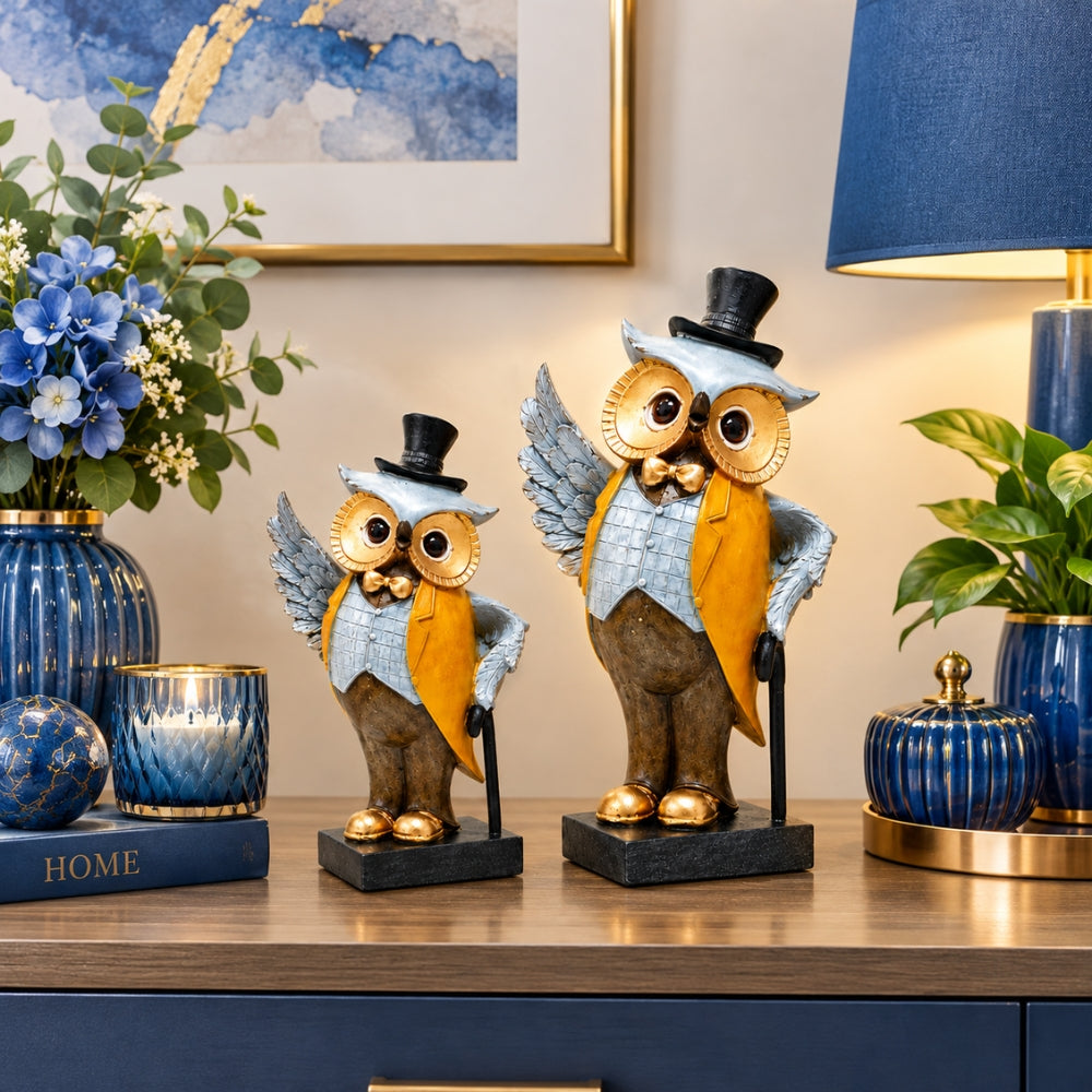 Vintage Gentleman Owl Pair Statues with Top Hat & Cane