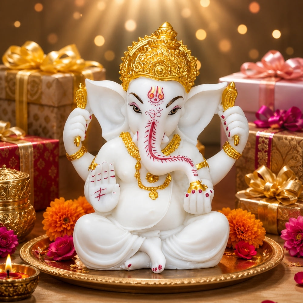 White Marble Finish Ganesha Idol with Gold Crown