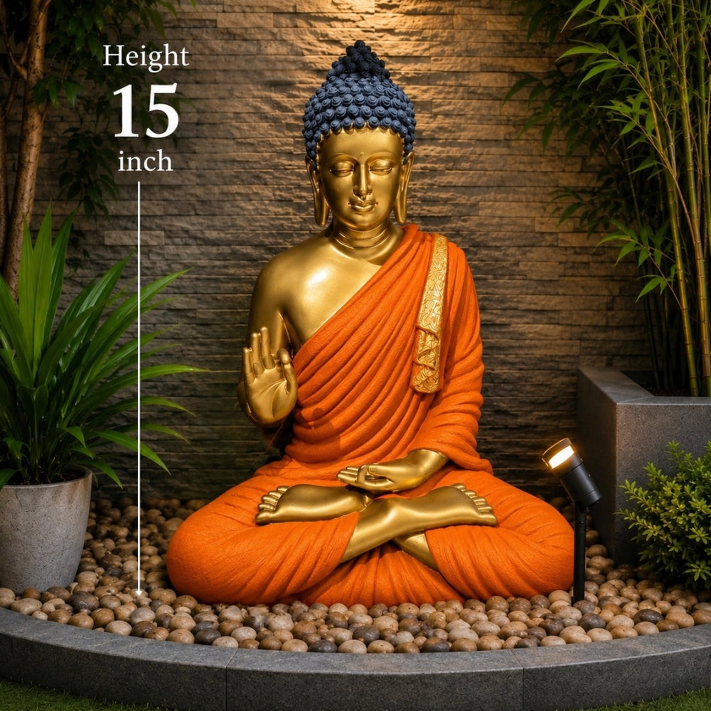 Lord Buddha Orange Statue for Home Decor | Premium Dhyana Idol - 15 inch