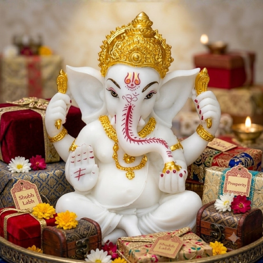 White Marble Finish Ganesha Idol with Gold Crown