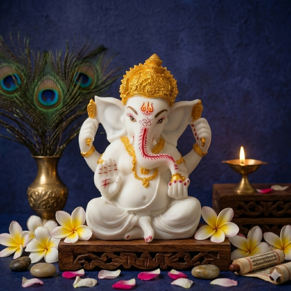 White Marble Finish Ganesha Idol with Gold Crown