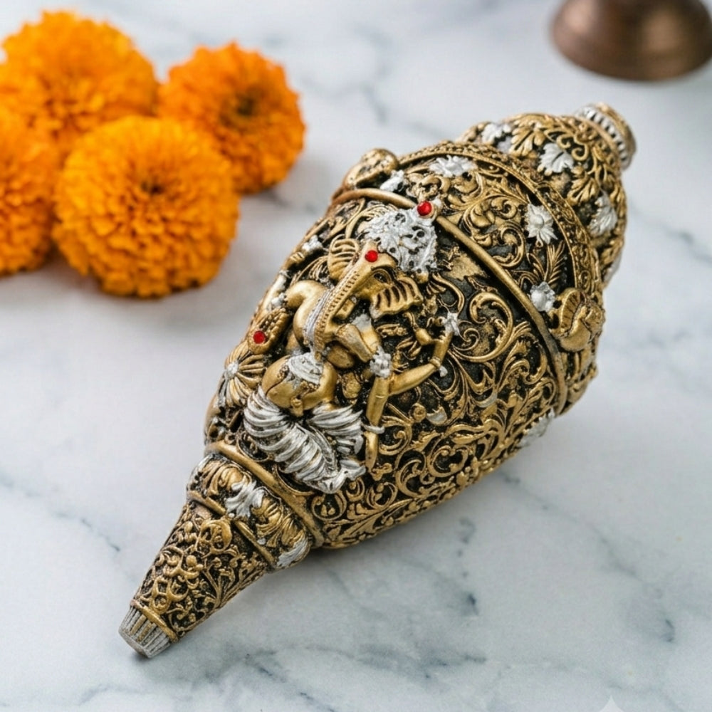 Premium Silver & Gold Plated Ganesh Shankh | Vastu Laxmi Conch Decor