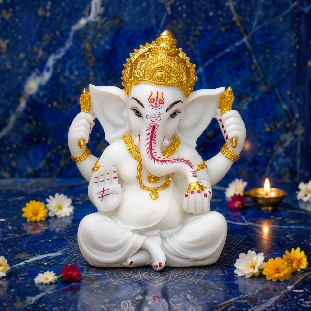 White Marble Finish Ganesha Idol with Gold Crown