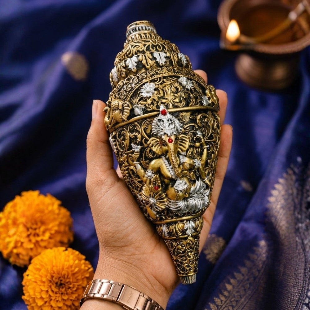 Premium Silver & Gold Plated Ganesh Shankh | Vastu Laxmi Conch Decor