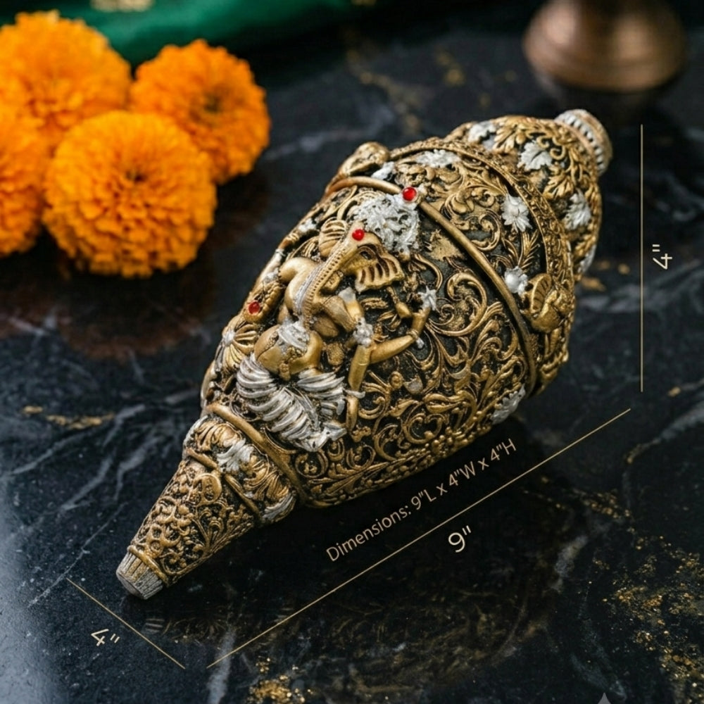 Premium Silver & Gold Plated Ganesh Shankh | Vastu Laxmi Conch Decor