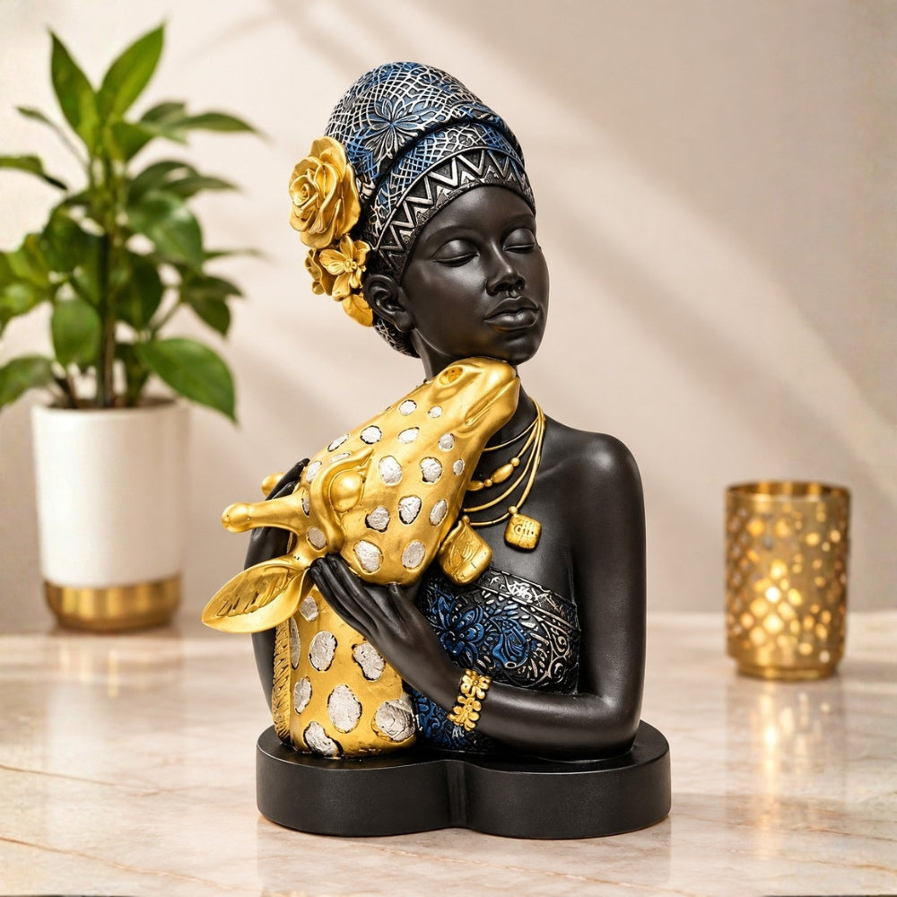 African Tribal Woman Hugging Giraffe Statue