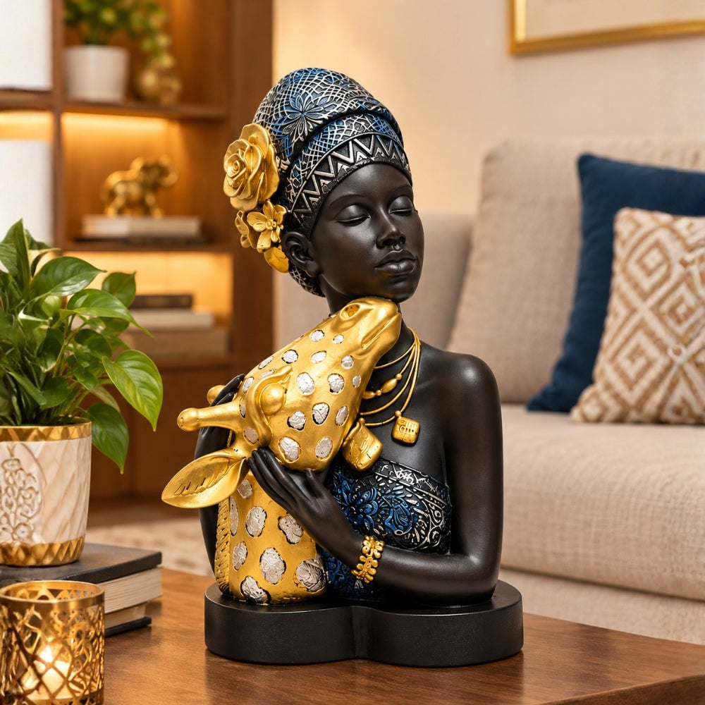 African Tribal Woman Hugging Giraffe Statue