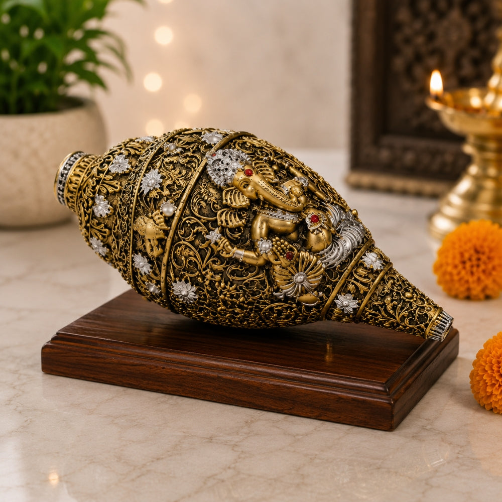 Premium Silver & Gold Plated Ganesh Shankh | Vastu Laxmi Conch Decor