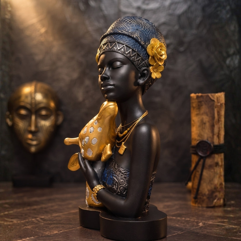 African Tribal Woman Hugging Giraffe Statue