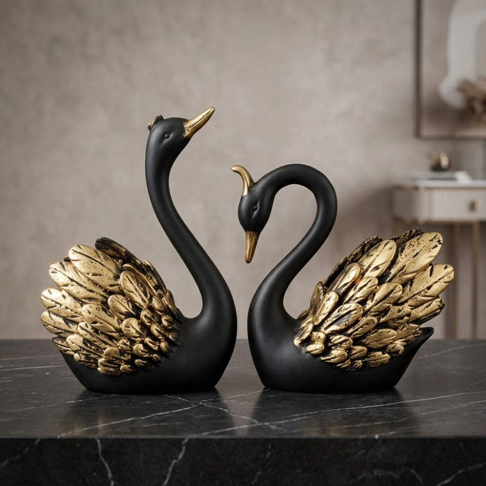Modern Art Black & Gold Swan Couple Decorative Statue