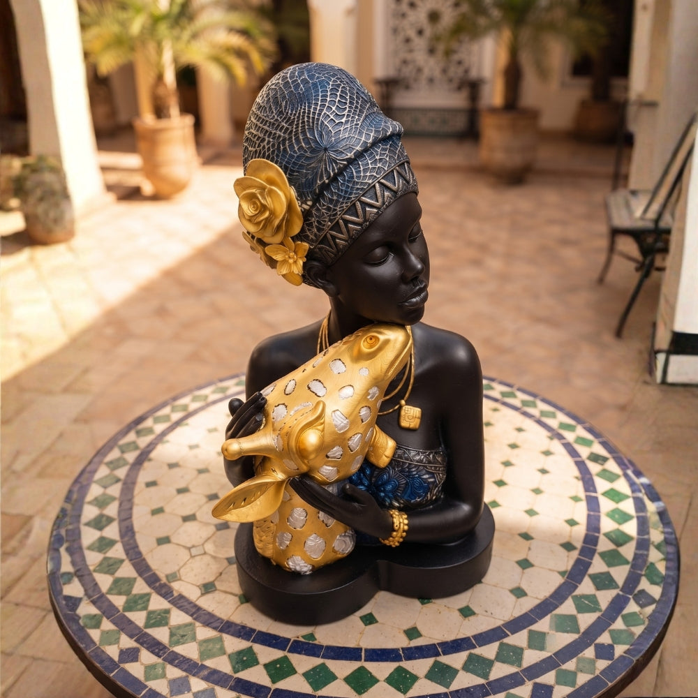 African Tribal Woman Hugging Giraffe Statue