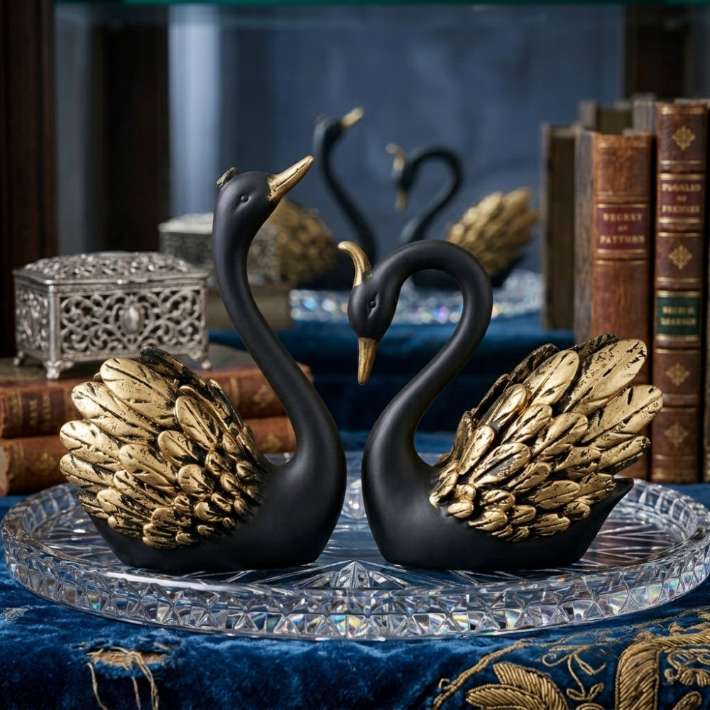 Modern Art Black & Gold Swan Couple Decorative Statue