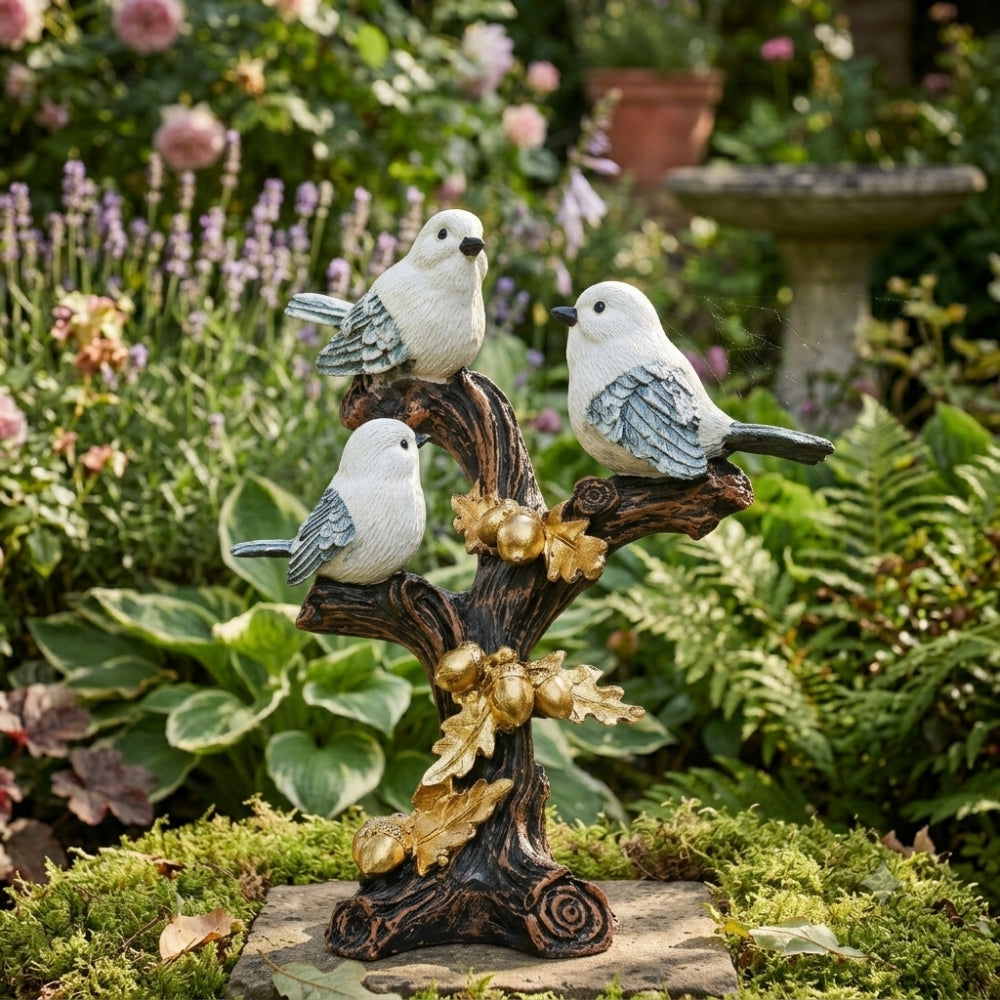 Charming Trio Birds Perched on Tree Branch Statue