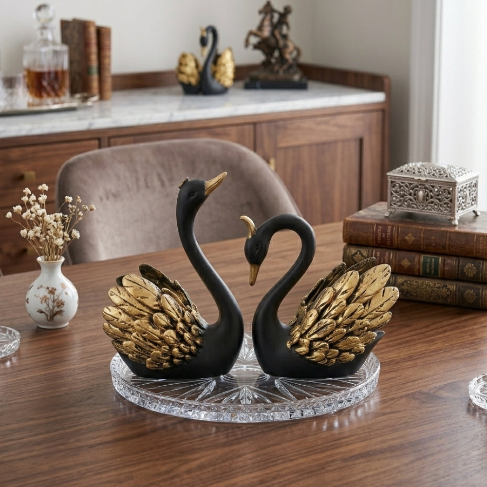 Modern Art Black & Gold Swan Couple Decorative Statue