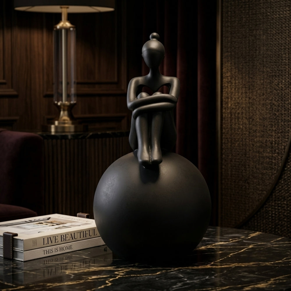 Modern Minimalist Yoga Lady Resin Statue on Sphere Base Black