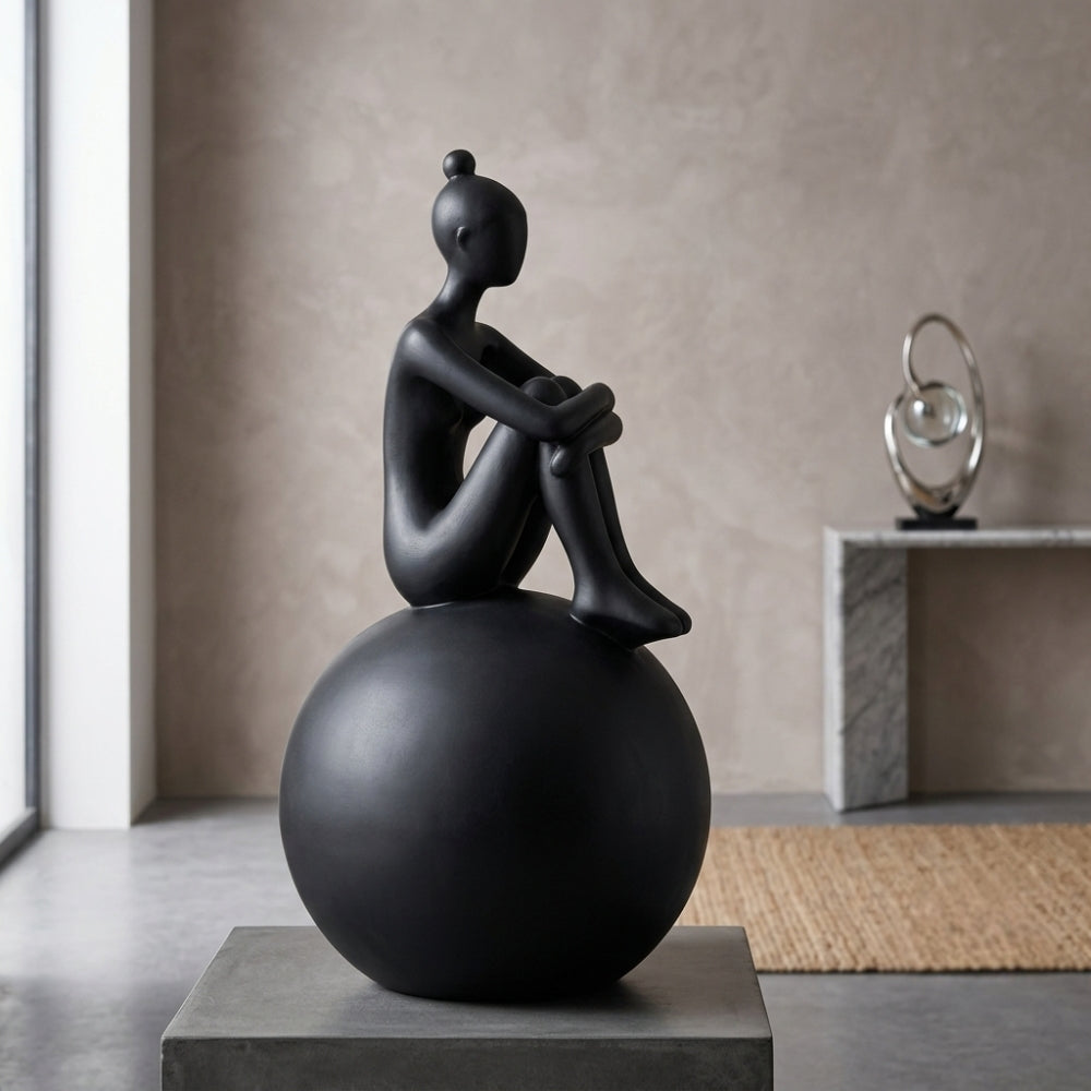Modern Minimalist Yoga Lady Resin Statue on Sphere Base Black