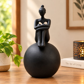 Modern Minimalist Yoga Lady Resin Statue on Sphere Base Black