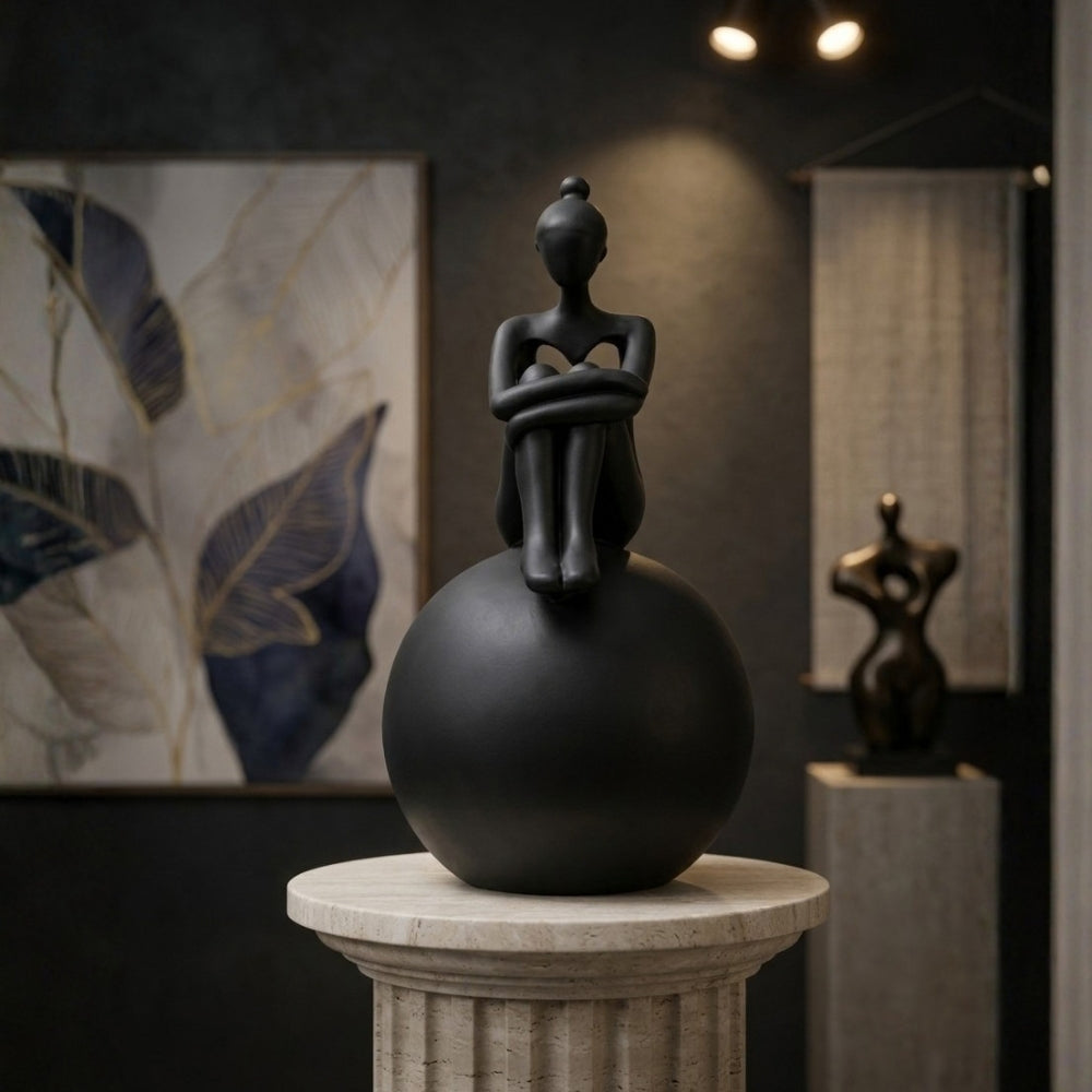 Modern Minimalist Yoga Lady Resin Statue on Sphere Base Black