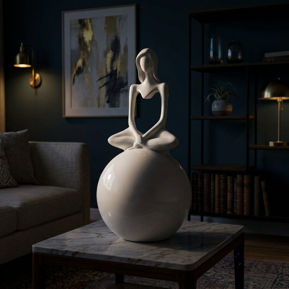 Modern White Resin Meditating Woman Sculpture