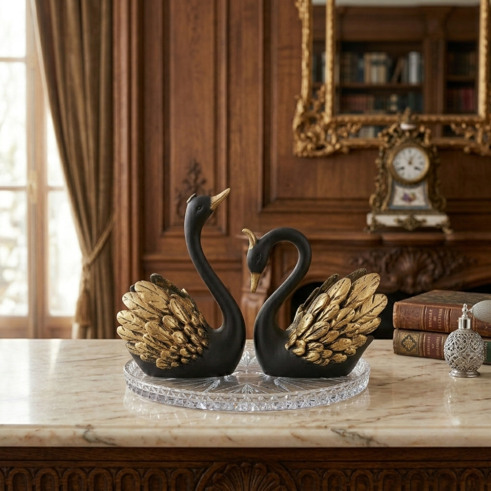 Modern Art Black & Gold Swan Couple Decorative Statue