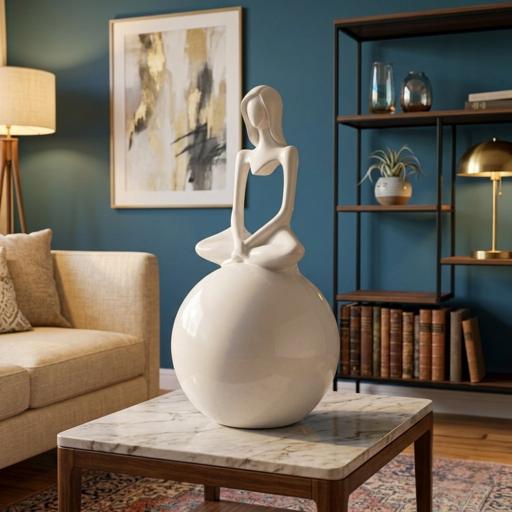 Modern White Resin Meditating Woman Sculpture