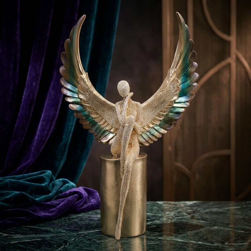 Textured Silver Angel Figurine with Feathered Teal & Gold Wings