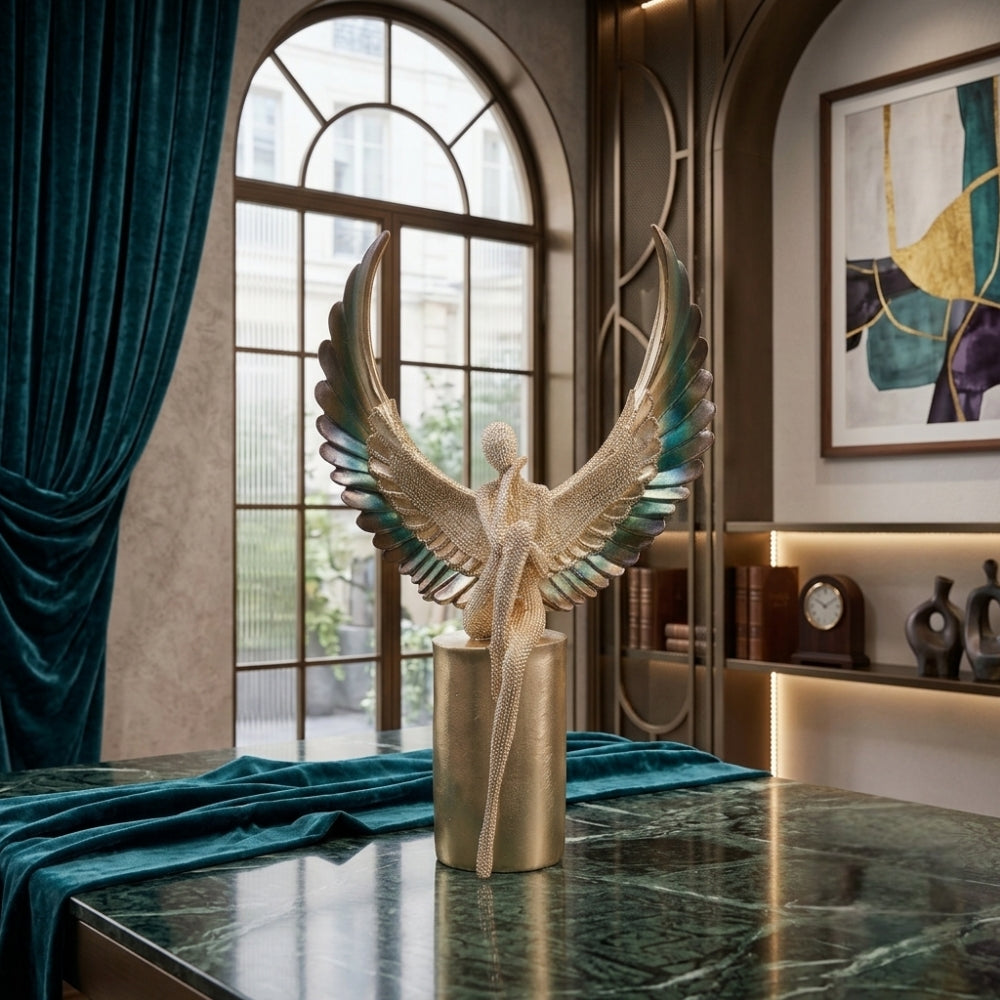 Textured Silver Angel Figurine with Feathered Teal & Gold Wings