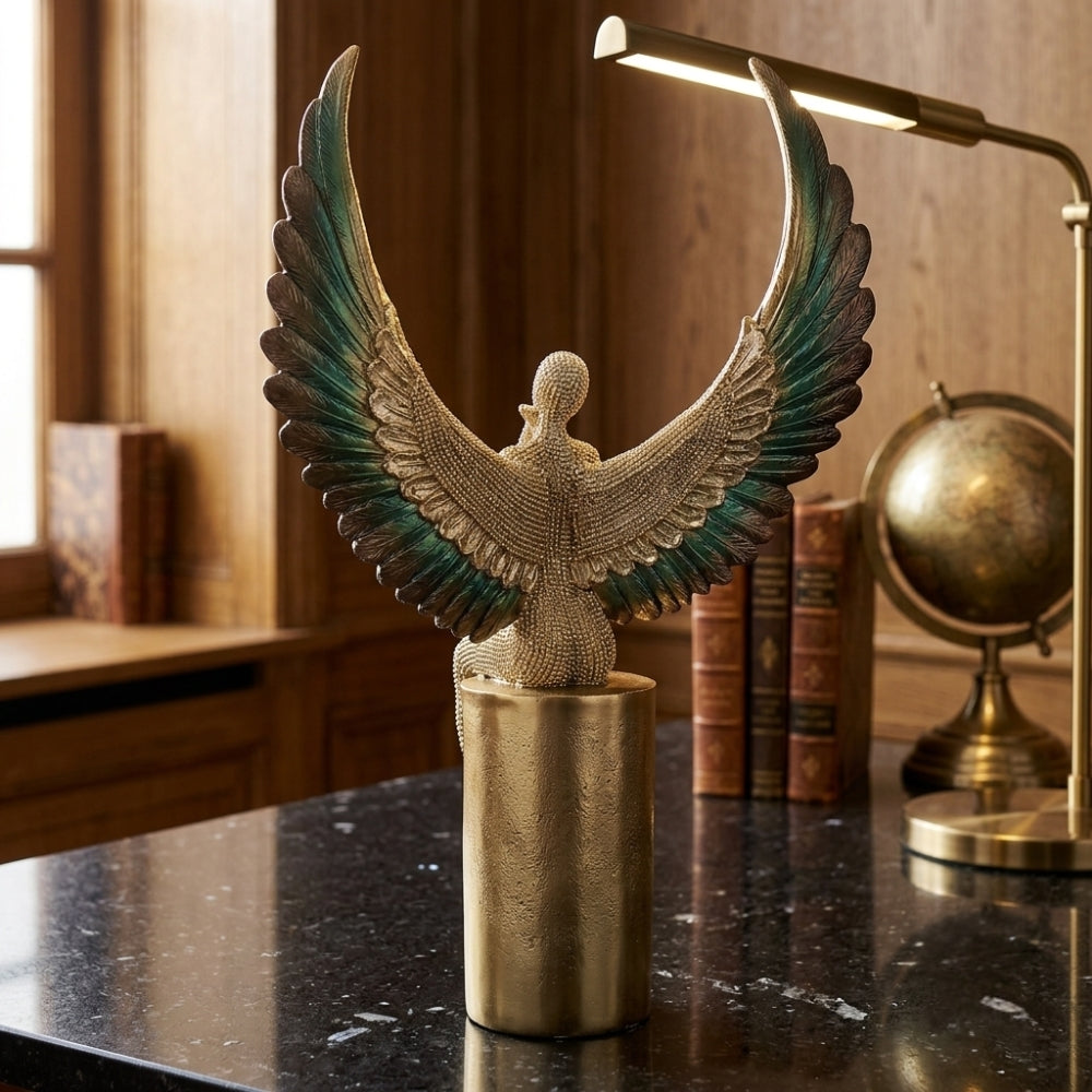 Textured Silver Angel Figurine with Feathered Teal & Gold Wings