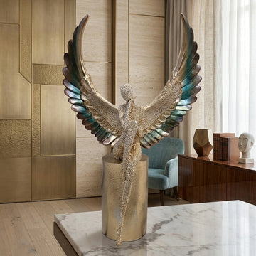 Textured Silver Angel Figurine with Feathered Teal & Gold Wings