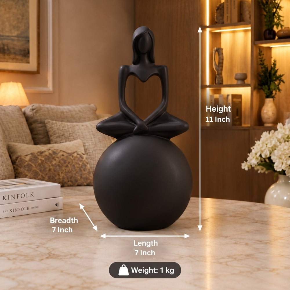 Modern Minimalist Yoga Lady Resin Statue on Sphere Base Black