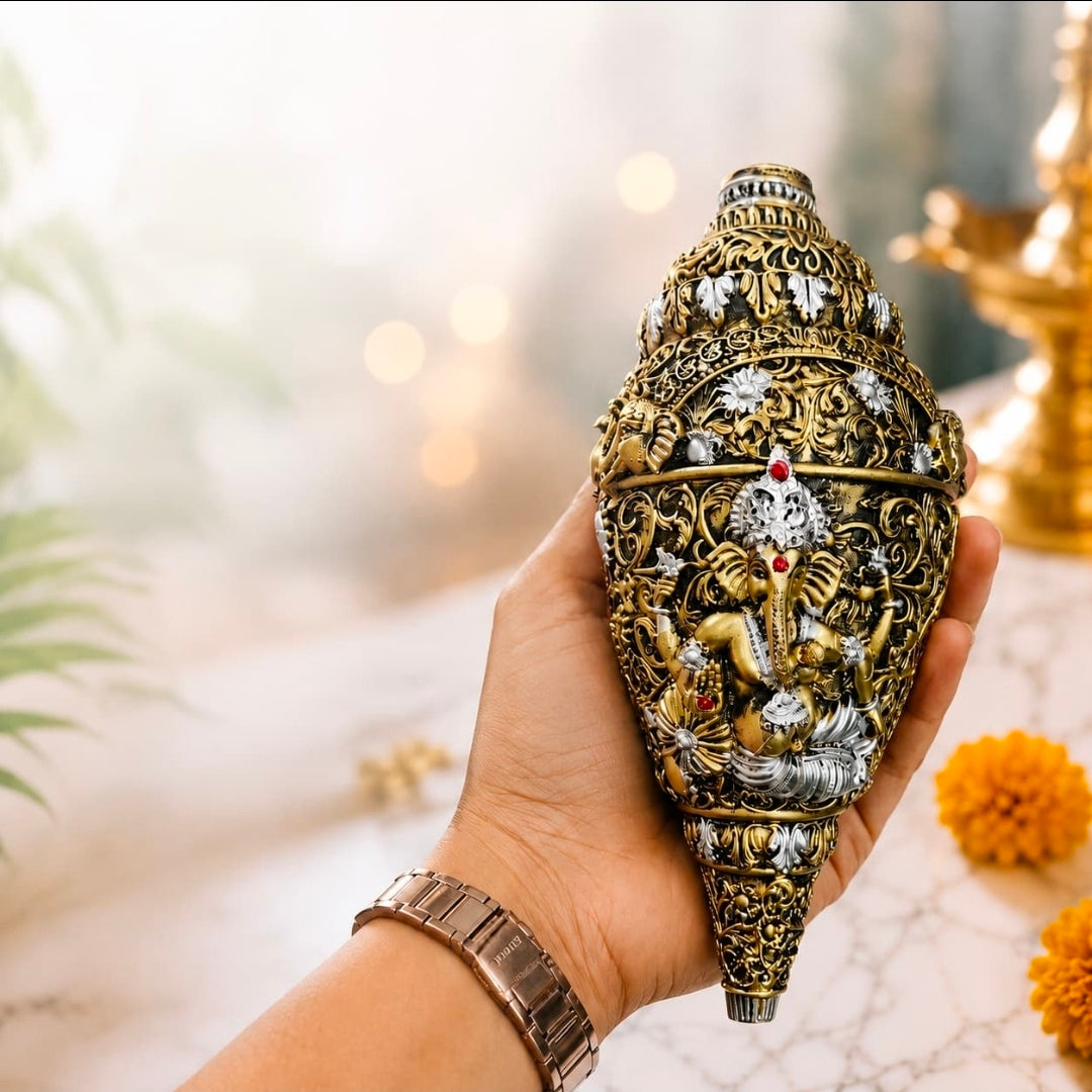 Premium Silver & Gold Plated Ganesh Shankh | Vastu Laxmi Conch Decor