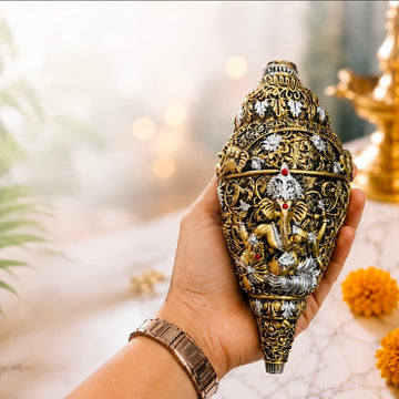 Premium Silver & Gold Plated Ganesh Shankh | Vastu Laxmi Conch Decor