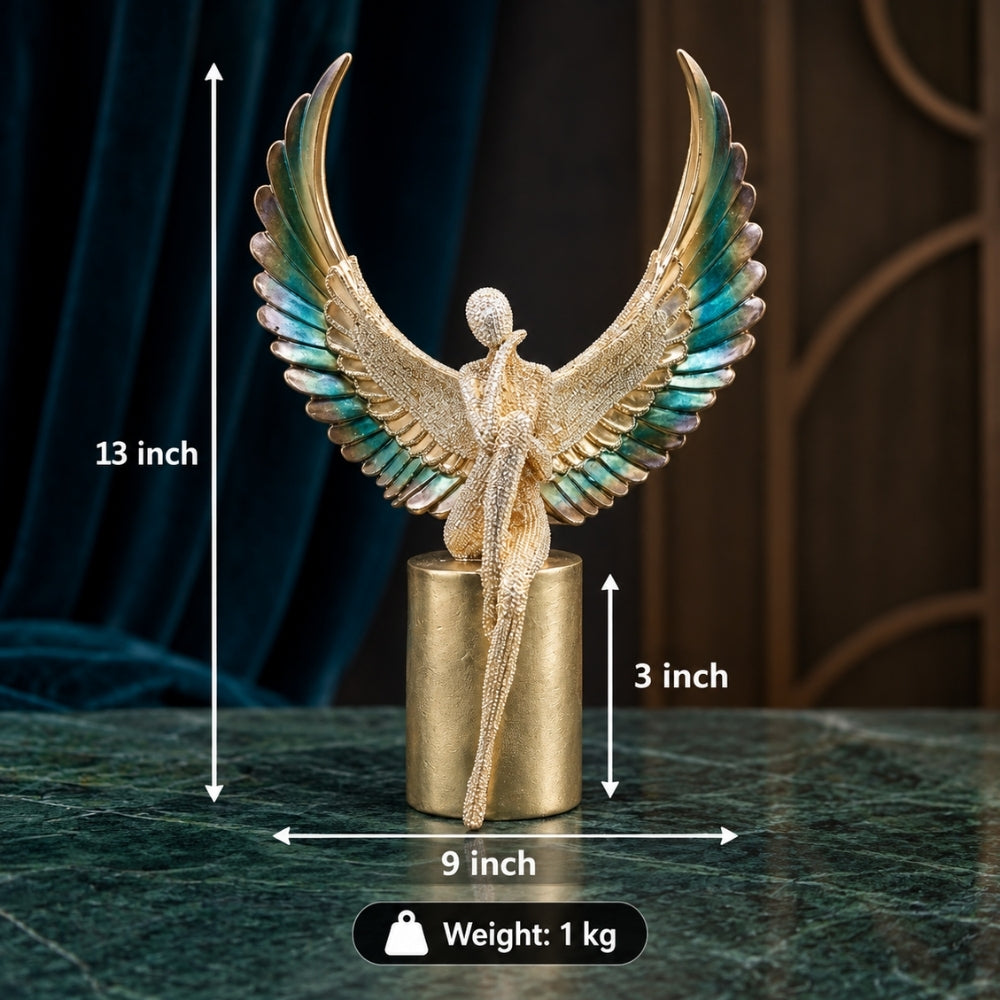 Textured Silver Angel Figurine with Feathered Teal & Gold Wings
