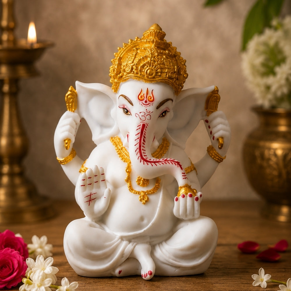 White Marble Finish Ganesha Idol with Gold Crown